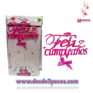 Adorno para Pastel Feliz Cumpleaños acrílico en color rosa cromado 21 largo x 12 ancho