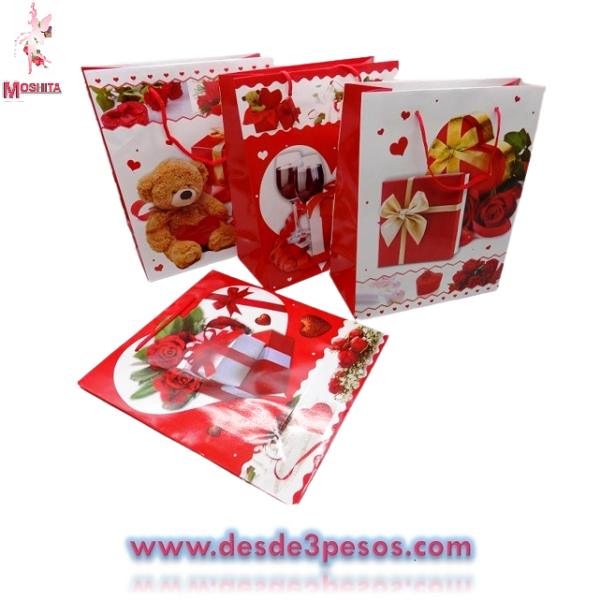 Paquete de 12 Bolsa de Regalo MEDIANA papel delgado decorado de San Valentín 32 x 26cm.