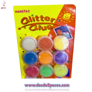 Blister de 9 Tarros de Glitter para adornar dibujos en colores 3 x 2cm. c/u