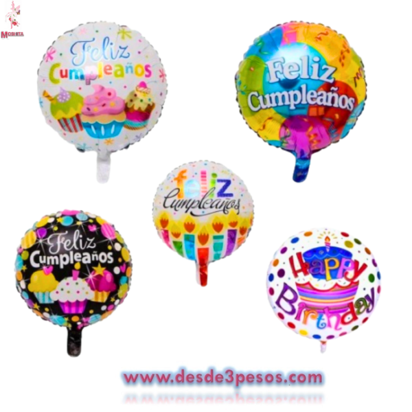 Globo Metalizado varios modelos de Feliz Cumpleaños 44 cm. De diametro