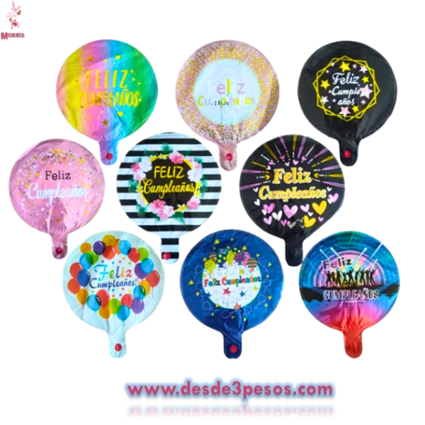 Globo Metalizado varios modelos de Feliz Cumpleaños 44 cm. De diametro - Imagen 2
