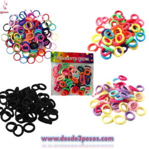 Paquete de 12 bolsitas con 50 donitas de licra c/u, en colores surtidos en 4 presentaciones 3cm, de diámetro