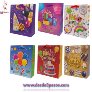 Bolsa de Regalo de Cartón Duro de Feliz Cumpleaños en 3D 18 x 23cm varios modelos