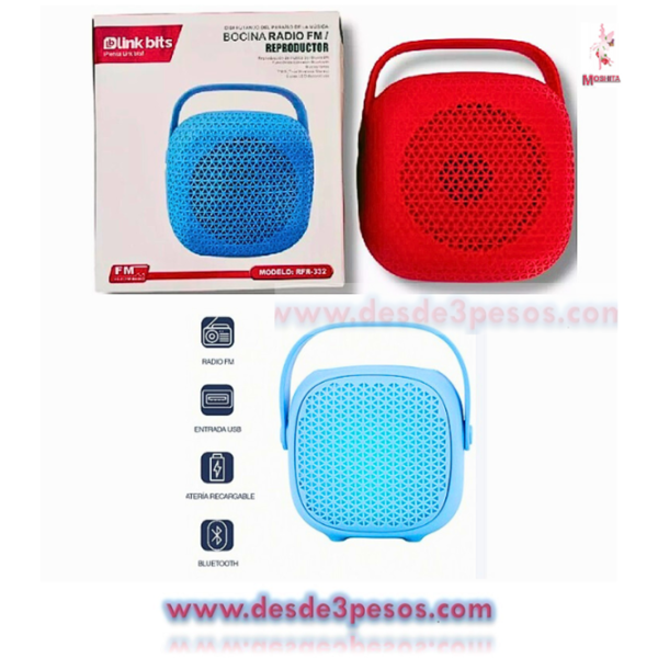 Bocina Radio FM/Bluetooth Link bits modelo:RFR-332 13 X 11 cm. En colores