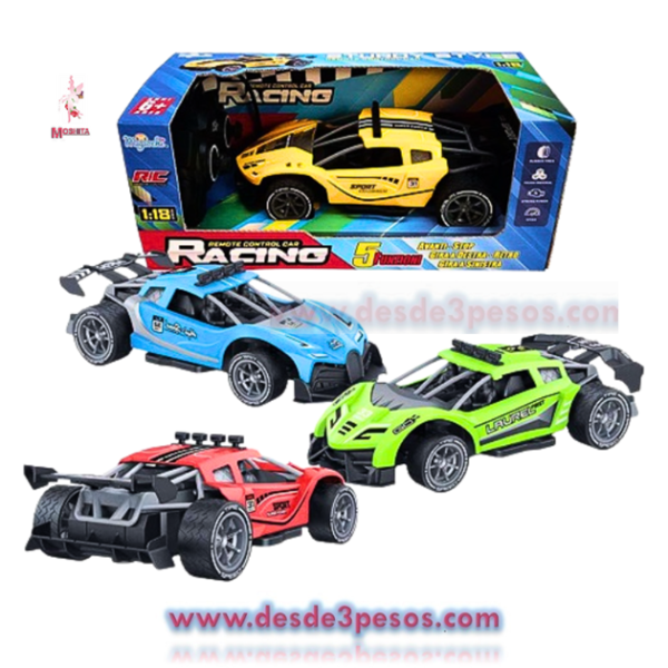 Carro Carreras a Control Remoto en colores ocupa 3 pilas AA no incluidas 21 x 5 cm.