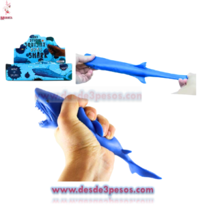 Squishi Tiburón Moldeable color azul y gris 19 x 5cm. Caja con 12 pza. precio por 1 pz.