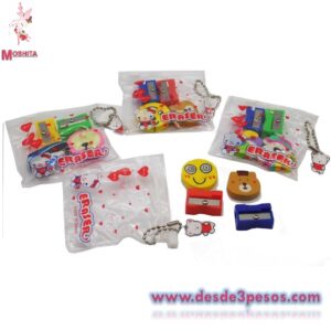 Paquete con 12 Bolsitas de plastico con 2 Gomas y 2 Sacapuntas