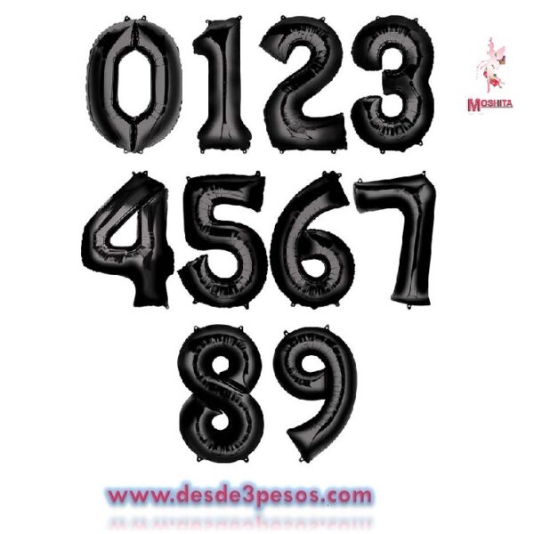 Bolsa con 10 Globos de Numeros 68 x 46cm. Aprox. En color Negro del 0 al 9