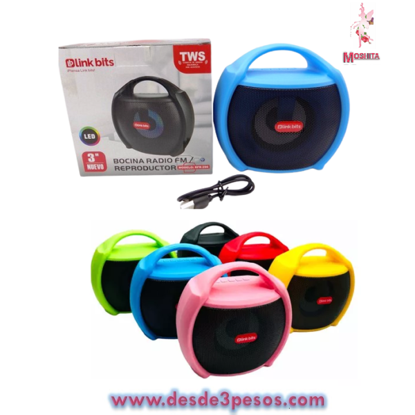 Altavoz portátil Multi-Funciones puede conectar hasta dos altavoces simultaneamente, con luz Led 15 x 15cm. 6 tonos RFR-296