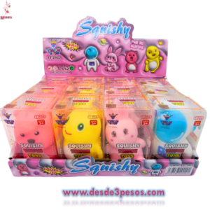 Squishy Apachurrable 4 figuras relleno de masa presentación individual en cajita de plástico transparente 10 x 8cm.
