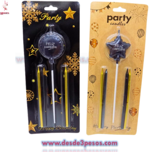 Blíster con 5 velas de palitos con la frase FELIZ CUMPLEAÑOS color dorado con negro 11 y 16 cm. De largo
