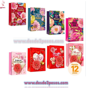 Bolsa para Regalo mediana con decorativo en 3D Dia de las Madres 26 x 32 cm. Paquete con 12 pz. Precio por 1pza.