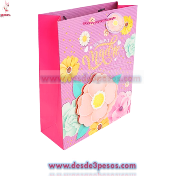 Bolsa para Regalo mediana con decorativo en 3D Dia de las Madres 26 x 32 cm. Paquete con 12 pz. Precio por 1pza. - Imagen 2