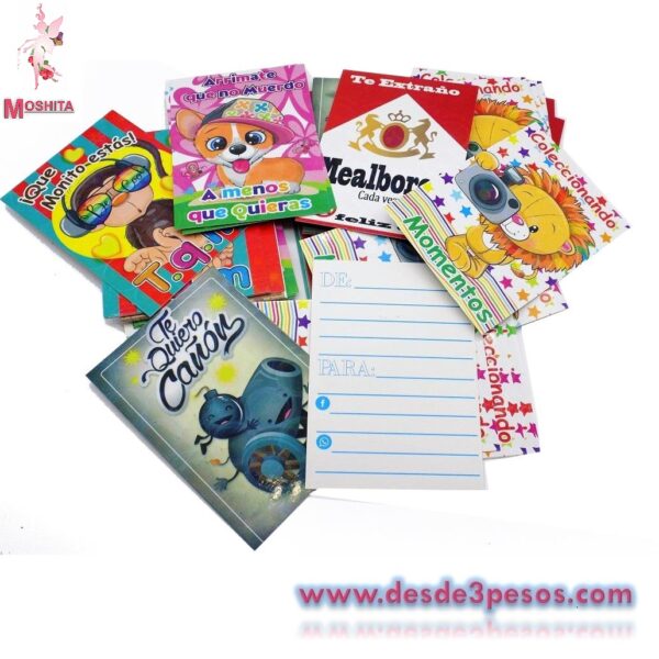 Tarjetas Con Diferentes Figuras 3D, al reverso con Dedicatoria 14 x 10cm. Bolsa con 100pza. el precio es por 1 pza.
