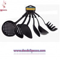 Juego de 6 Utensilios de Cocina de Plastico Resistente color Negro 29 y 30cm. De largo