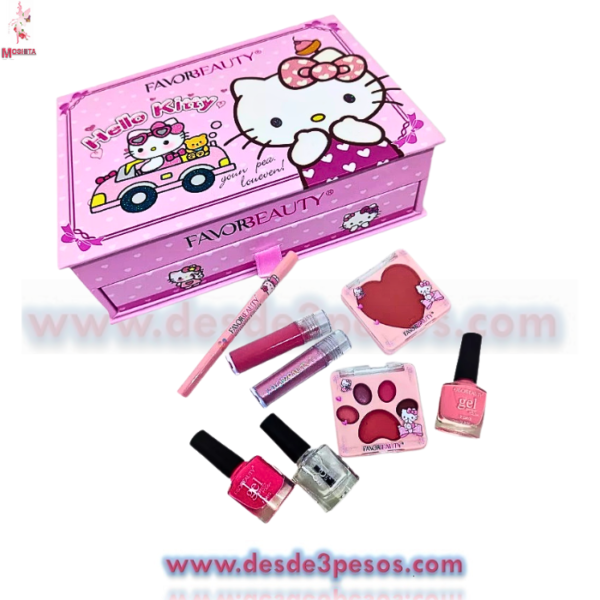 Cofre Maquillaje de KITTY con espejo, 8 Pza. 1 delineador, 3 esmaltes, gloss, iluminador, rubor y sombras 17 x 12 y 5.5 cm. - Imagen 2