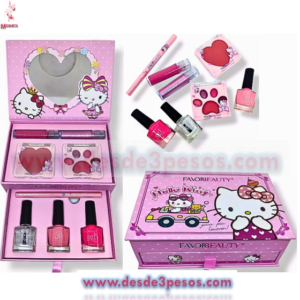Cofre Maquillaje de KITTY con espejo, 8 Pza. 1 delineador, 3 esmaltes, gloss, iluminador, rubor y sombras 17 x 12 y 5.5 cm.