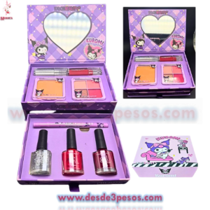 Cofre Maquillaje de KUROMI con espejo 8 Pza. 1 delineador, 3 esmaltes, gloss, iluminador, maquillaje y sombras 17 x 12 y 5.5 cm.