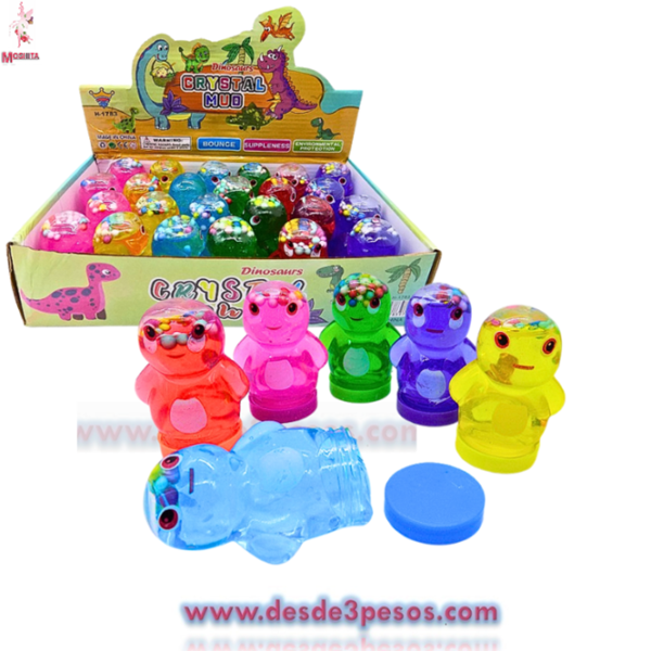 Slime caja con 24pza. Figura de Dinosaurio  colores con glitter y bolitas de unicel  7 x 4 cm. Costo Unit. $3.12 - Imagen 3