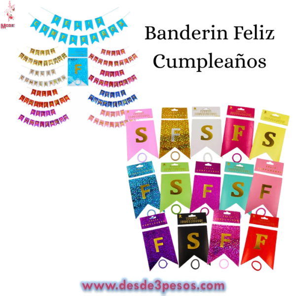 Tira de Banderines FELIZ CUMPLEAÑOS 8 tonos de holograma 190cm.