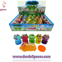 Caja con 24 botes de slime con figura de Rana Crystal mud caja con 24pza. 8 x 5cm.
