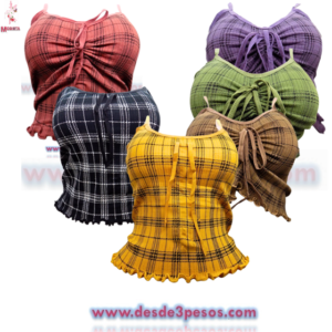 Blusa Top Unitalla Licra, a cuadros con Cinta para Corrugar en varios colores