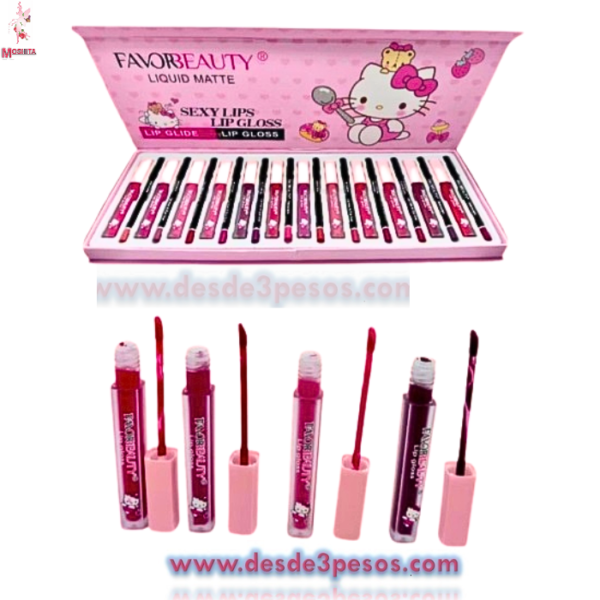 Set de 12 labiales Hello Kitty ,  Marca FAVOR BEAUTY, Liquidos con Delineador  13 X 1.5CM. - Imagen 2