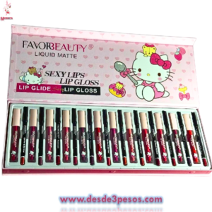 Set de 12 labiales Hello Kitty ,  Marca FAVOR BEAUTY, Liquidos con Delineador  13 X 1.5CM.