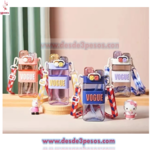 Botella para Agua VOGUE 580 ml. Dos Boquillas plastico de colores transparente con correa