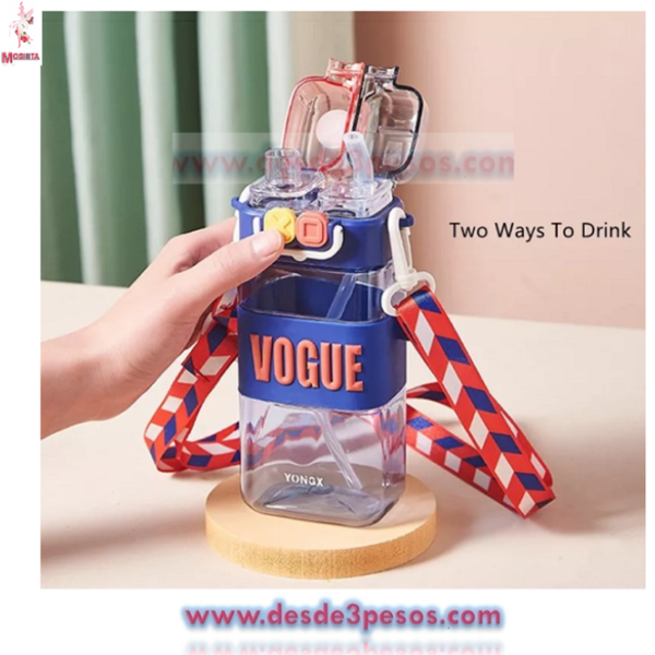 Botella para Agua VOGUE 580 ml. Dos Boquillas plastico de colores transparente con correa - Imagen 3