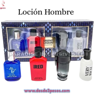 Set de 4 piezas perfume LEGEND LEGION para hombre aroma cítrico 25 y 30 ml.