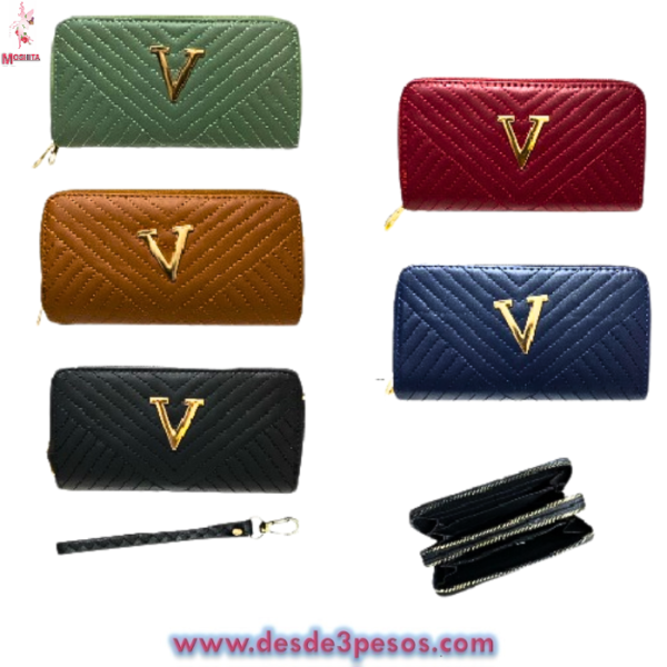 Cartera de dama V con 2 Diviciones Vini Piel en colores 9 x 15.5cm.