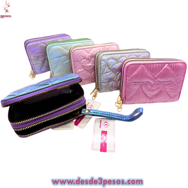 Cartera Pulsera dos cierres Tela colores Tornasol 9.5 x 13 cm. - Imagen 2