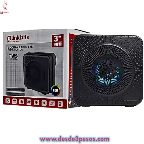 Bocina Radio FM/Reproductor Link bits Mod: RFR-258 10.5 x 11 cm.  Incluye cargador