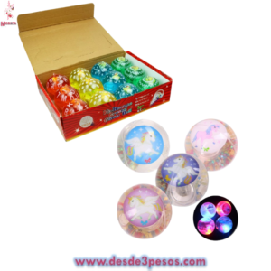 Pelota de Agua con Luz y estampa unicornio dentro 7cm. diámetro caja con 12pza. Precio por 1pza.