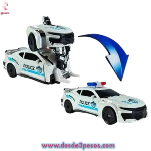 Carro Policia Transformers con Luz y Sonido Ocupa 3 pilas AA no includas  18 x 7.5 cm.