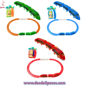 Pista Tren de plastico cuenta con 3 vagones en colores  como en foto 26 x 53 cm.
