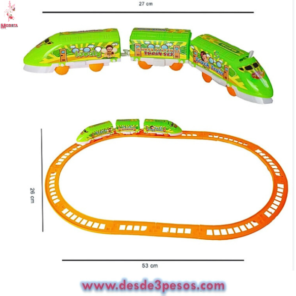 Pista Tren de plastico cuenta con 3 vagones en colores  como en foto 26 x 53 cm. - Imagen 2