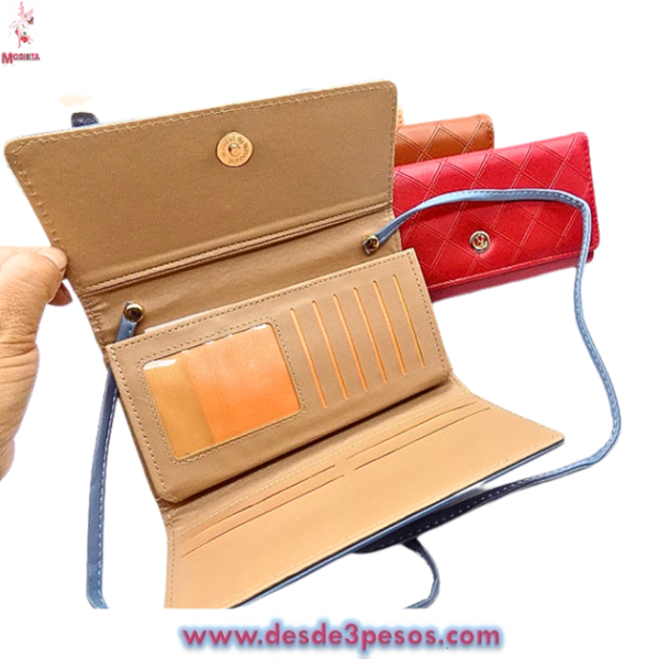 Cartera Bolsa 2 Diviciones y Tarjeteros Vini Piel en Colores 10 x 19 cm. - Imagen 2