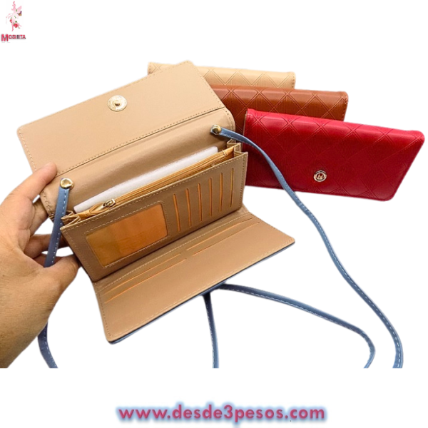 Cartera Bolsa 2 Diviciones y Tarjeteros Vini Piel en Colores 10 x 19 cm. - Imagen 3