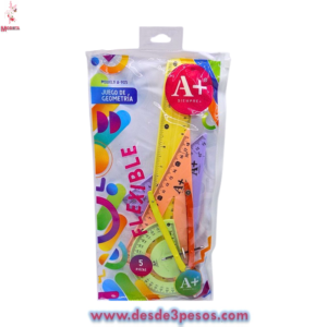 Juego de Geometría FLEXIBLE  5 pza. Regla 30 cm, 2 Escuadras, 1 Transportador y Compas Color pastel
