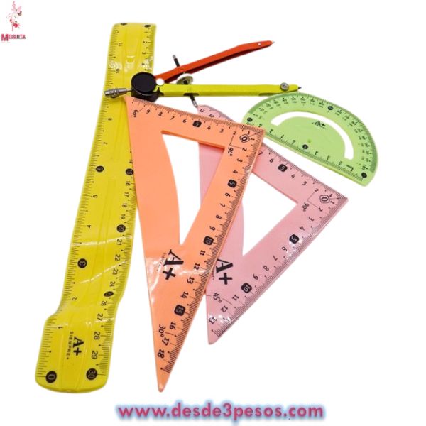 Juego de Geometría FLEXIBLE  5 pza. Regla 30 cm, 2 Escuadras, 1 Transportador y Compas Color pastel - Imagen 2
