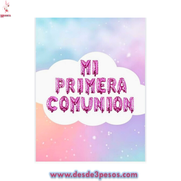 Paquete con 17 globos decorados con la palabra MI PRIMERA COMUNION en color rosa y azul 40 x 15 cm - Imagen 2