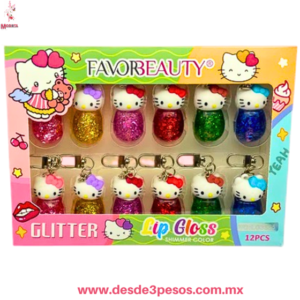 Estuche con 12 Lip Gloss en forma de KITTY con glitter