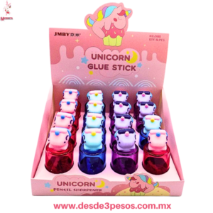 Sacapuntas Unicornio con contenedor dos taños de lapiz 8 x 3.5 cm. Caja con 16 pza. precio por 1 pza.