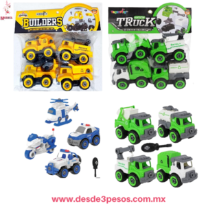 Paquete con 4 Carros de Construcción de plastico resistente en diferentes modelos 10 x 8 cm, 3 presentaciones