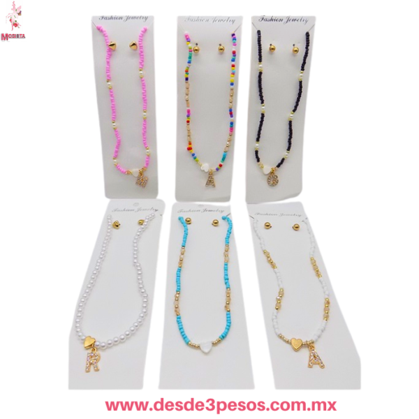Juego de Gargantilla y Aretes con piedra de color y letra inicial 24 cm. De largo aprox.