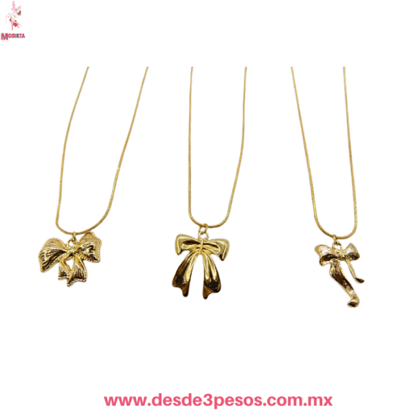 Collar de Lazo con dije en color Dorado figura de Moño 3 modelos diferentes 26 cm. De largo - Imagen 3