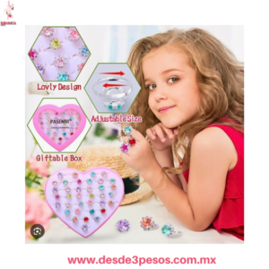 Caja en forma de corazón con 36 pares de  Anillo Infantil en varias Figuras tono Dorado 14 x 16 cm.