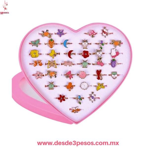 Caja en forma de corazón con 36 pares de  Anillo Infantil en varias Figuras tono Dorado 14 x 16 cm. - Imagen 2